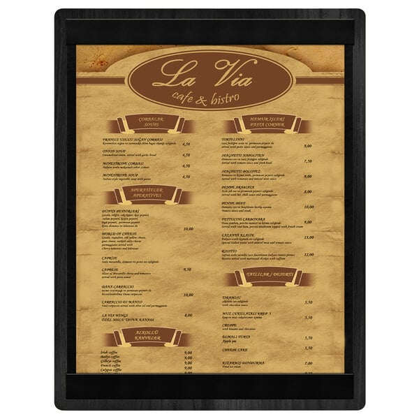 A black wood menu board with top and bottom strips.