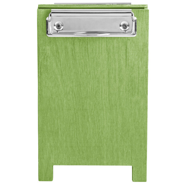 A lime wood menu board tent with a metal clip.