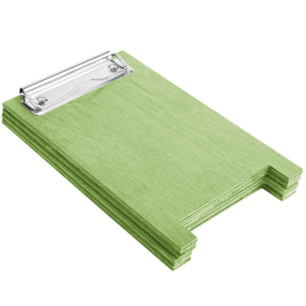 A lime wood table tent with a metal clip.