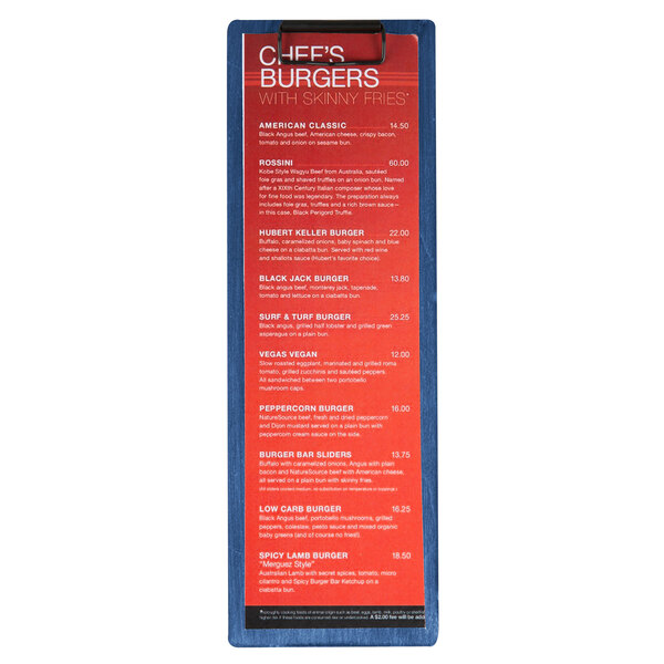 A customizable wood clipboard menu on a table with a blue and red background.