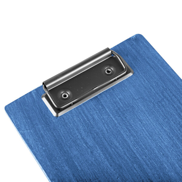 A blue wood Menu Solutions clipboard with a black metal clip.