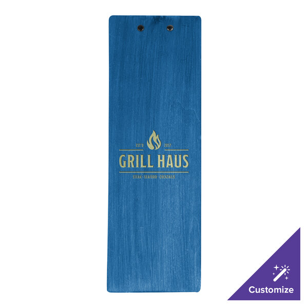 A rectangular blue wood menu clip board with customizable text on the front.