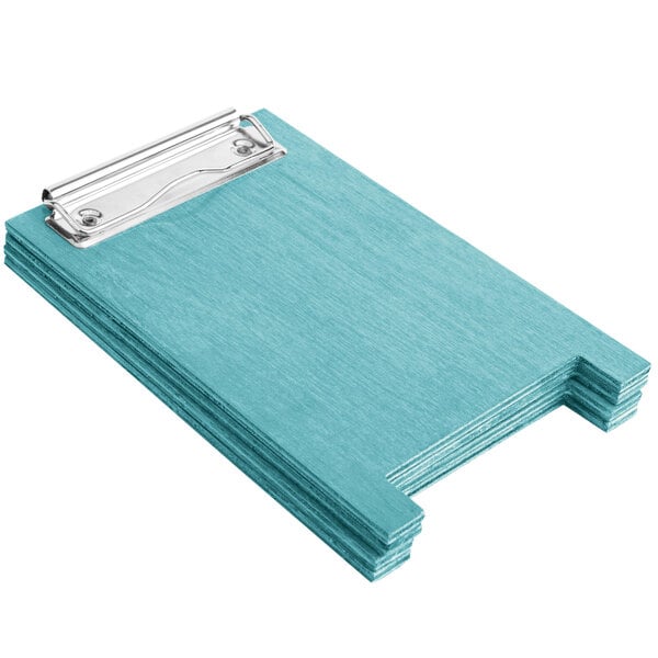 A sky blue wood menu board tent with a metal clip.