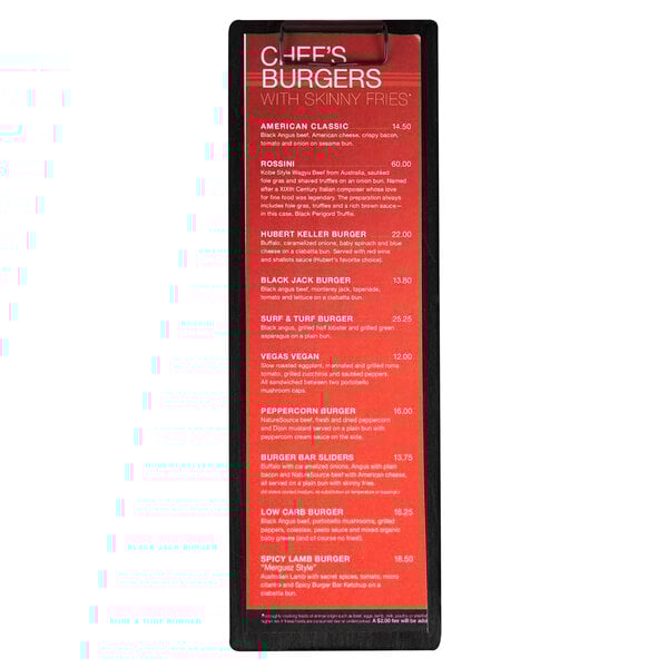 A black customizable wood Menu Solutions clip board.