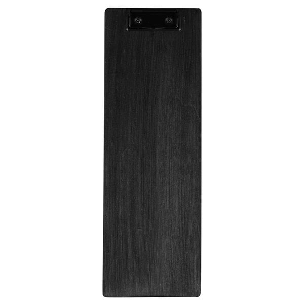 A black wood Menu Solutions clipboard with a black clip on a table.
