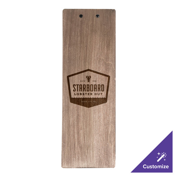 A customizable wooden clip board on a table with a logo.