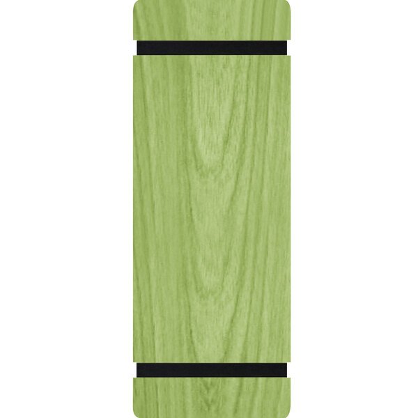 A green wood menu board with black rubber band straps.