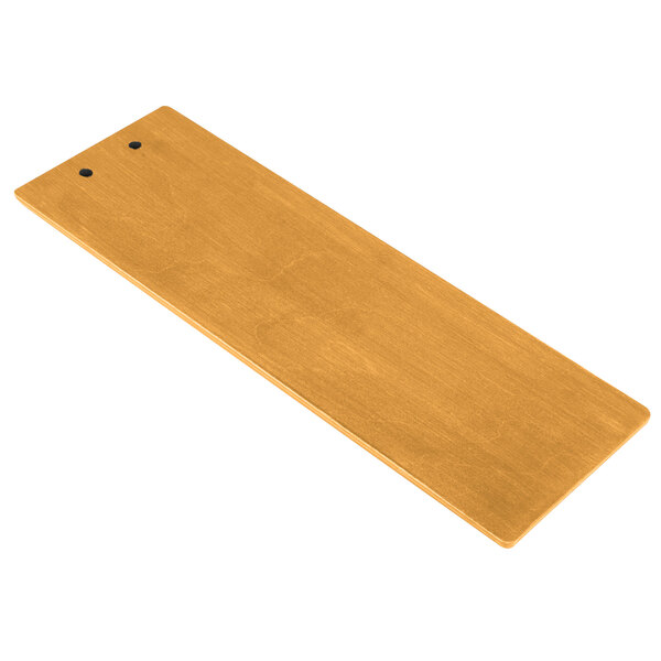 A rectangular wooden board with two holes on the top.