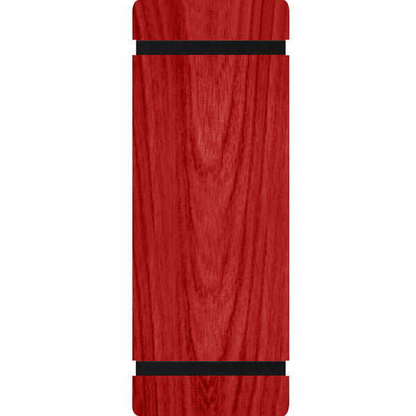 A red rectangular wooden menu board with black rubber bands.