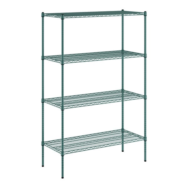 A green metal wire shelving unit with four shelves.