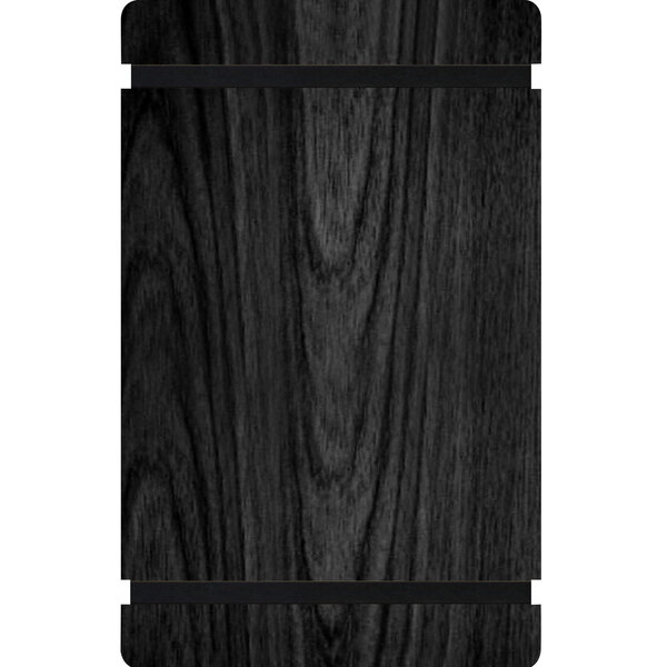 A black wooden Menu Solutions menu board with black rubber band straps.