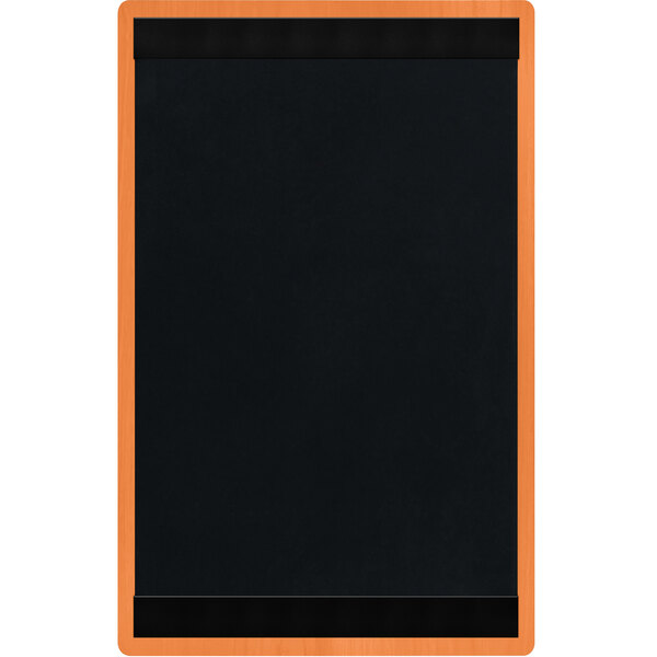A black board with a wooden frame and orange strips on the top and bottom.