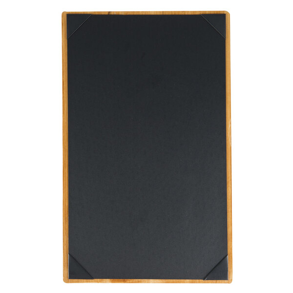 A black board with a wooden frame.