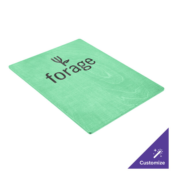 A teal wood menu board with black text on a table.