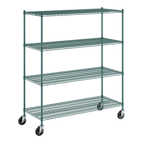 A Regency green wire shelving unit with casters.