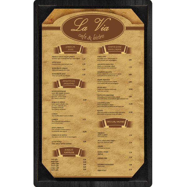 A black wood menu board with picture corners.