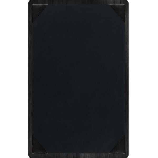 A black Menu Solutions wood board with black picture corners.
