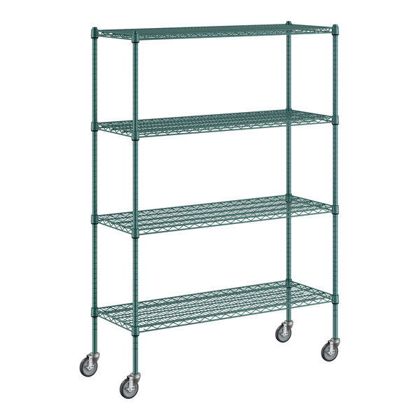 A green metal wire shelving unit with casters.