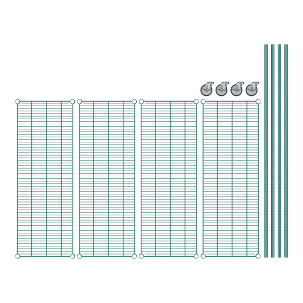 A Regency green wire shelving kit with four shelves and posts.