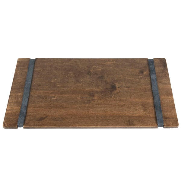 A Menu Solutions customizable walnut wood menu board with rubber band straps.