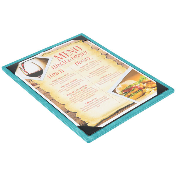 A Sky Blue wood menu board with picture corners.