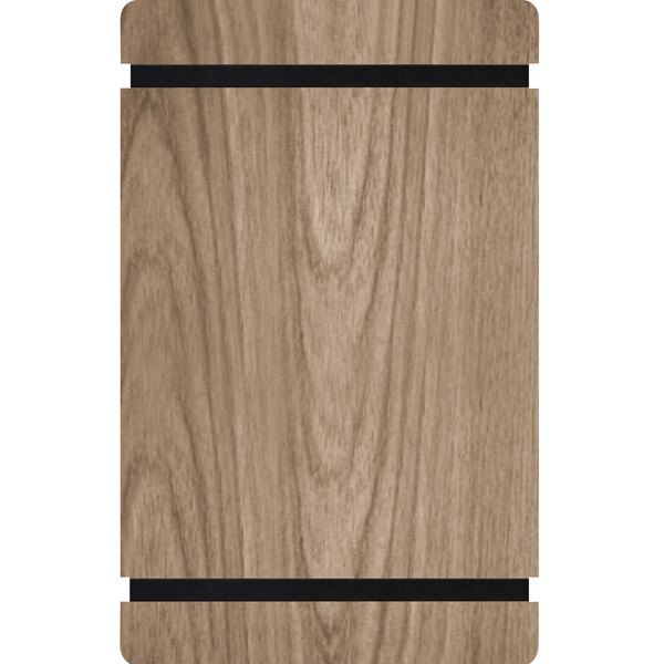 A Menu Solutions weathered walnut wood menu board with rubber band straps on a table.