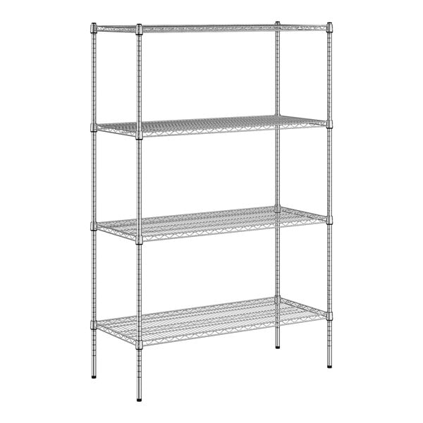 A wireframe Regency metal shelving unit with four shelves.