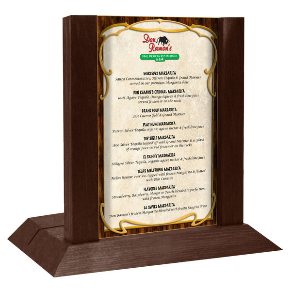 A Menu Solutions walnut wood table tent with an insert slot on a table.