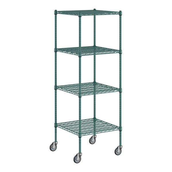 A green metal Regency wire shelving unit with wheels.