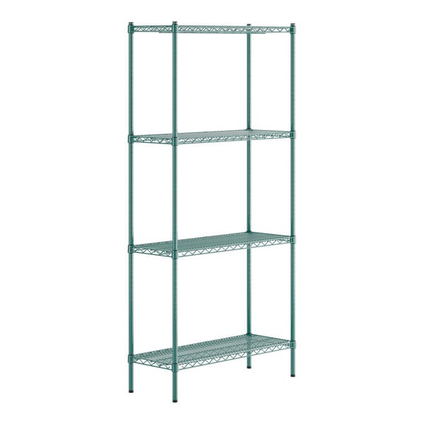 A green Regency wire shelving unit with four shelves.