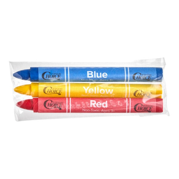 Three crayons—blue, yellow, and red—are packaged together in a clear plastic wrapper.