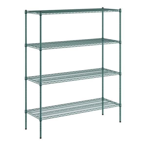 A green metal Regency wire shelving unit with four shelves.