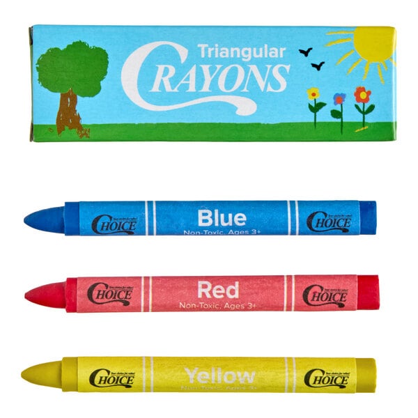 A box labeled 'Triangular Crayons' is shown above three crayons in blue, red, and yellow colors, each labeled with its color name.