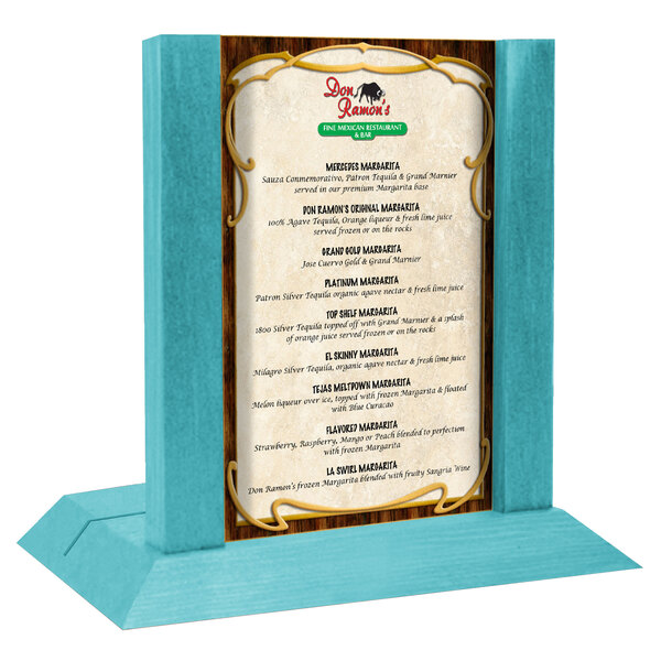 A Sky Blue wood Menu Solutions table tent holder with an insert slot on a table.