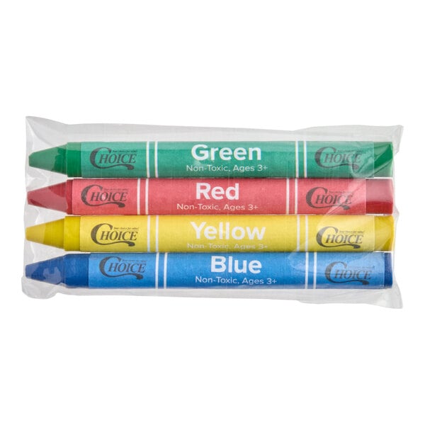 A pack of four crayons in green, red, yellow, and blue, wrapped in clear plastic.