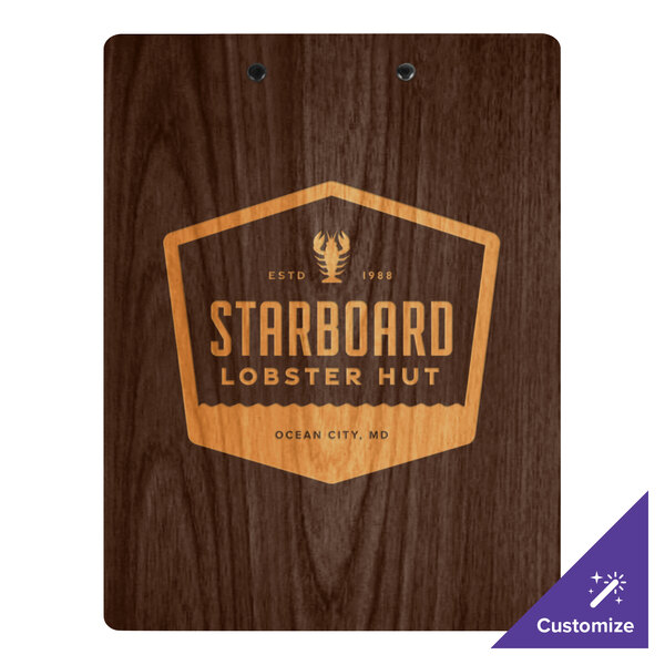 A customizable wood menu clip board on a table in a seafood restaurant.