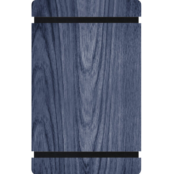 A blue wooden Menu Solutions sign with black rubber band straps.
