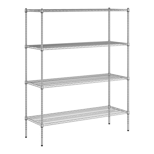 A wireframe of a Regency chrome wire shelving unit with four shelves.
