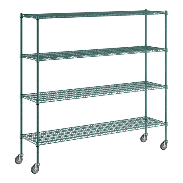 A green metal wire shelving unit with casters.