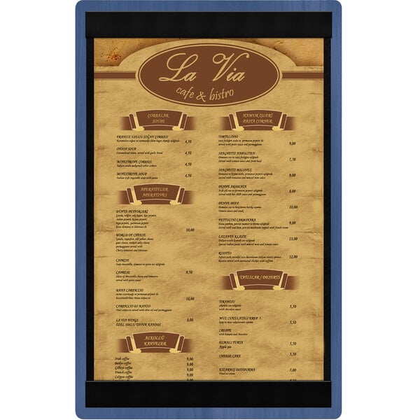 A Menu Solutions wood menu board with blue top and bottom strips.