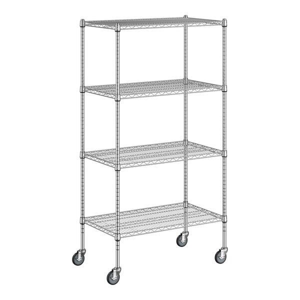 A Regency chrome wire shelving kit with wheels.