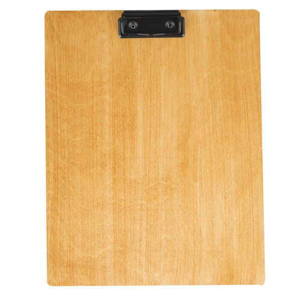 A wooden clipboard with a black clip.