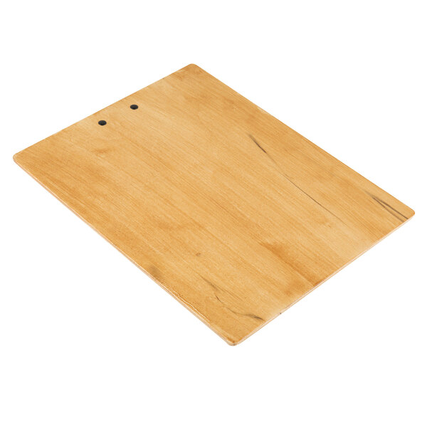 A Menu Solutions Country Oak wood clip board with two holes.