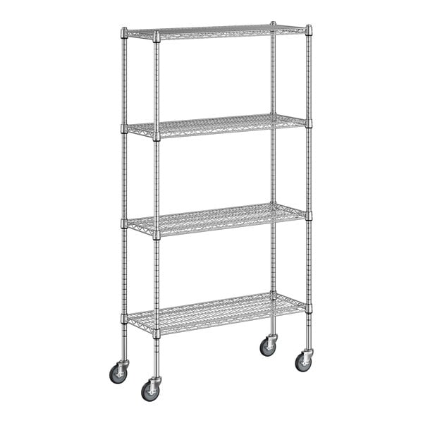 A Regency chrome wire shelving unit with wheels.