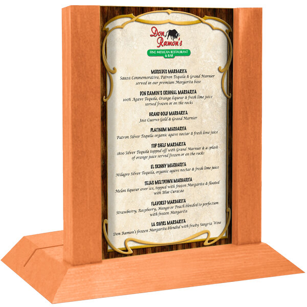 A Menu Solutions wooden stand with a menu on it.