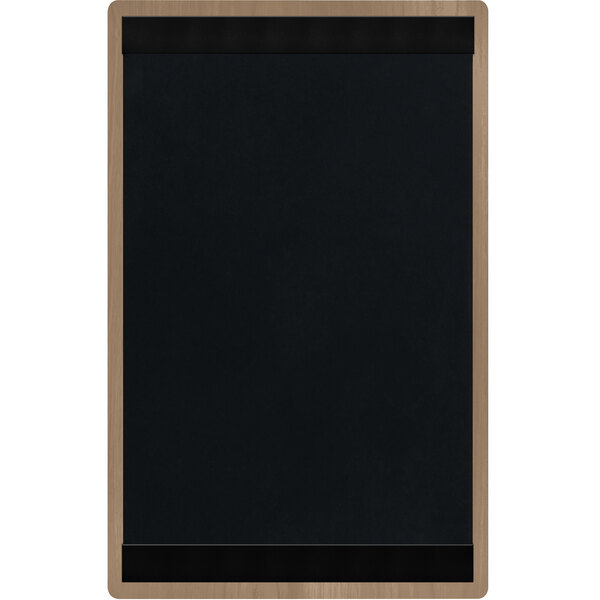 A weathered walnut wood menu board with black strips at the top and bottom.