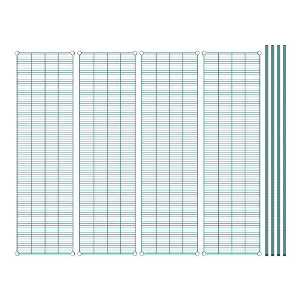 A close-up of a Regency green wire shelf with poles and grids.