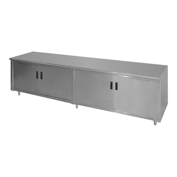 Advance Tabco HB-SS-308M 30" x 96" 14 Gauge Enclosed Base Stainless Steel Work Table with Hinged Doors and Fixed Midshelf