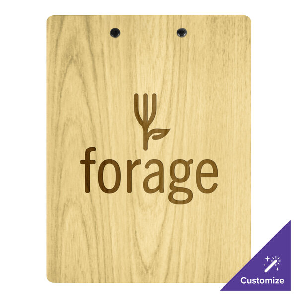A natural wood customizable menu clipboard.