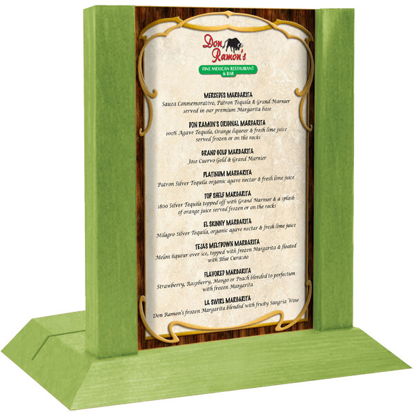 A lime wood Menu Solutions table tent with a menu insert on a table.